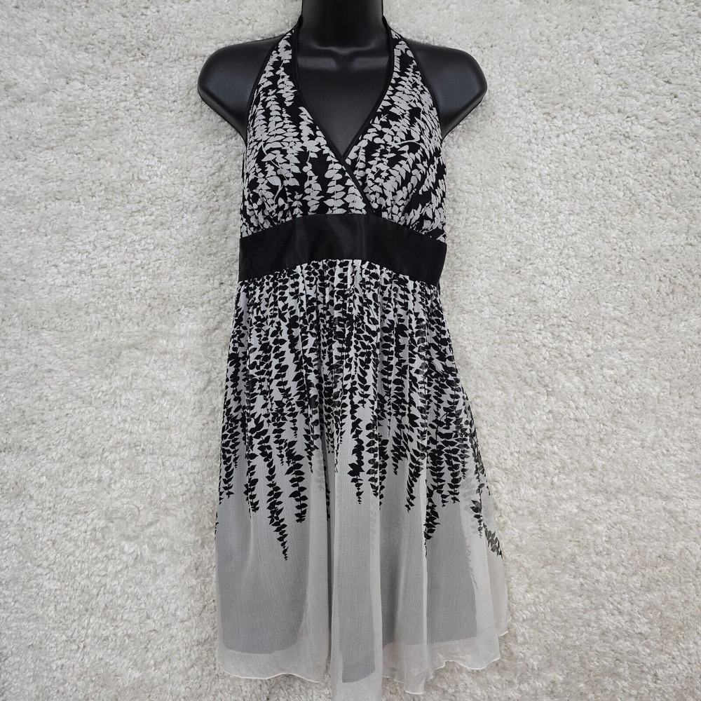 Express Halter Dress Womens Medium Black White Silk Leaf Print‎ Boho Y2K NWT